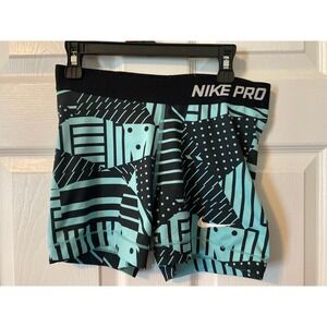 Nike Pro Dri-FIT Womens Medium Teal Black Geometric Polka Dot Compression Shorts